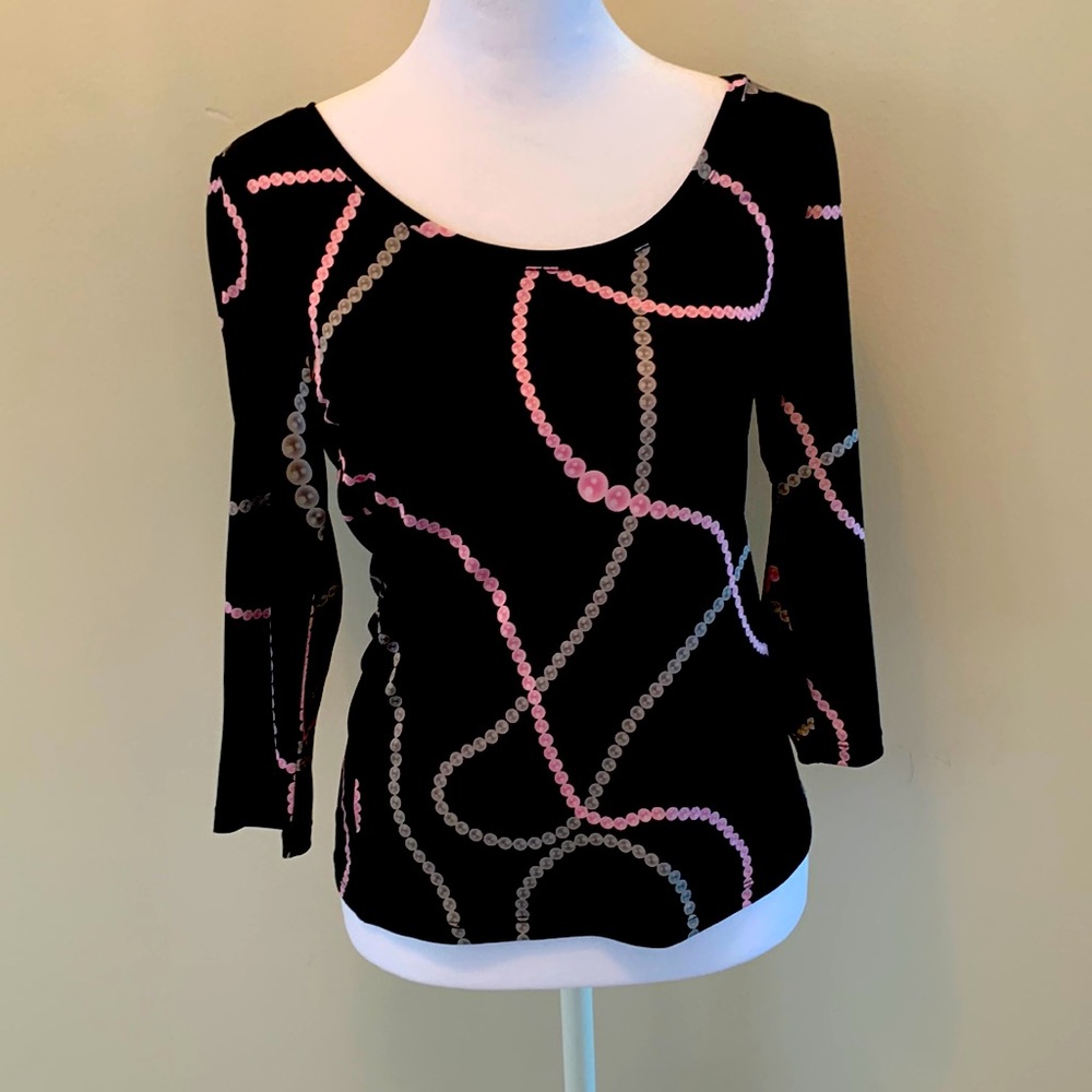 Women’s blouse, Black with pink and silver design, by INC Size M Medium.